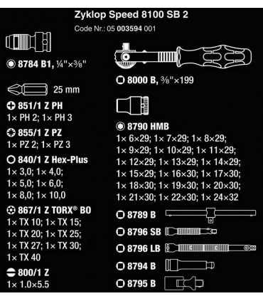 Wera 8100 SB2 Zyklop Speed Cırcır 3/8" Lokma Bits Seti 05003594001